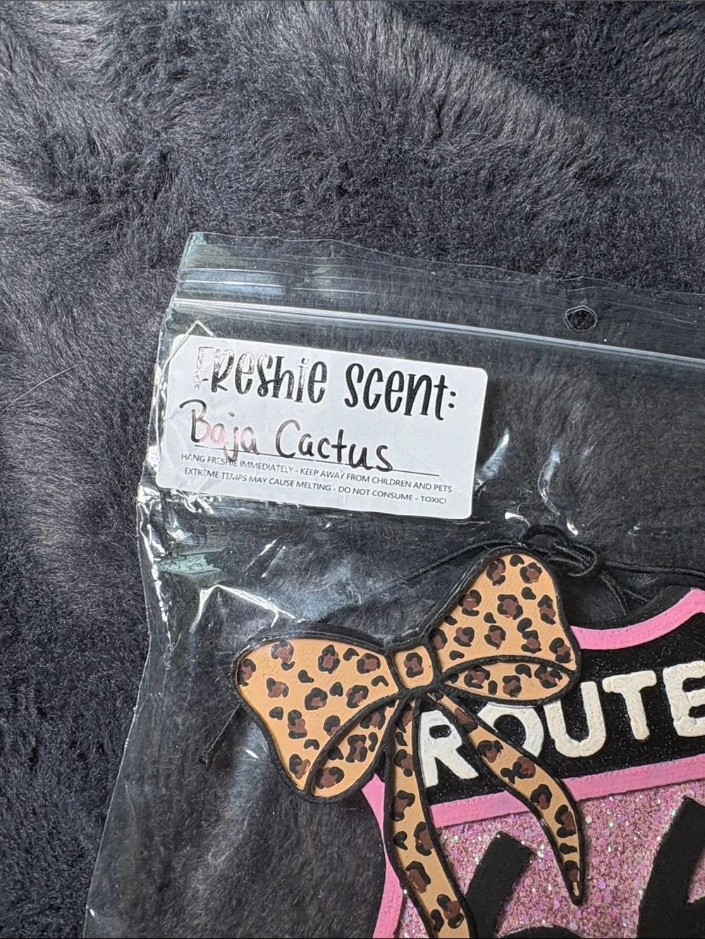 Route 66 Pink Glitter Car Air Freshener with Leopard Bow